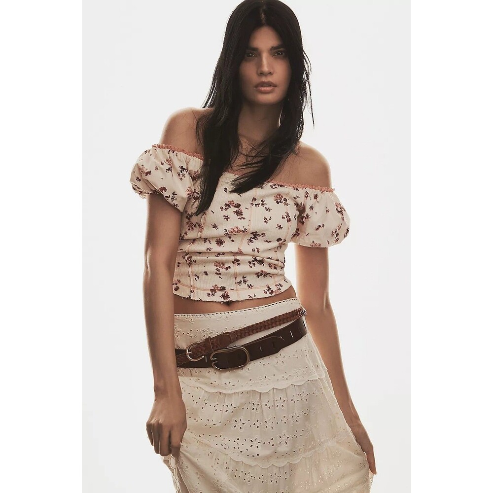 By Anthropologie Puff-Sleeve Off-The-Shoulder Corset Blouse Top Print XL 281430